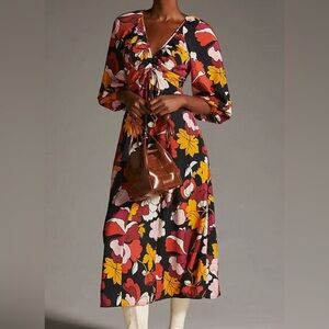 ANTHROPOLOGIE Maeve Floral Plunging-V Midi Dress